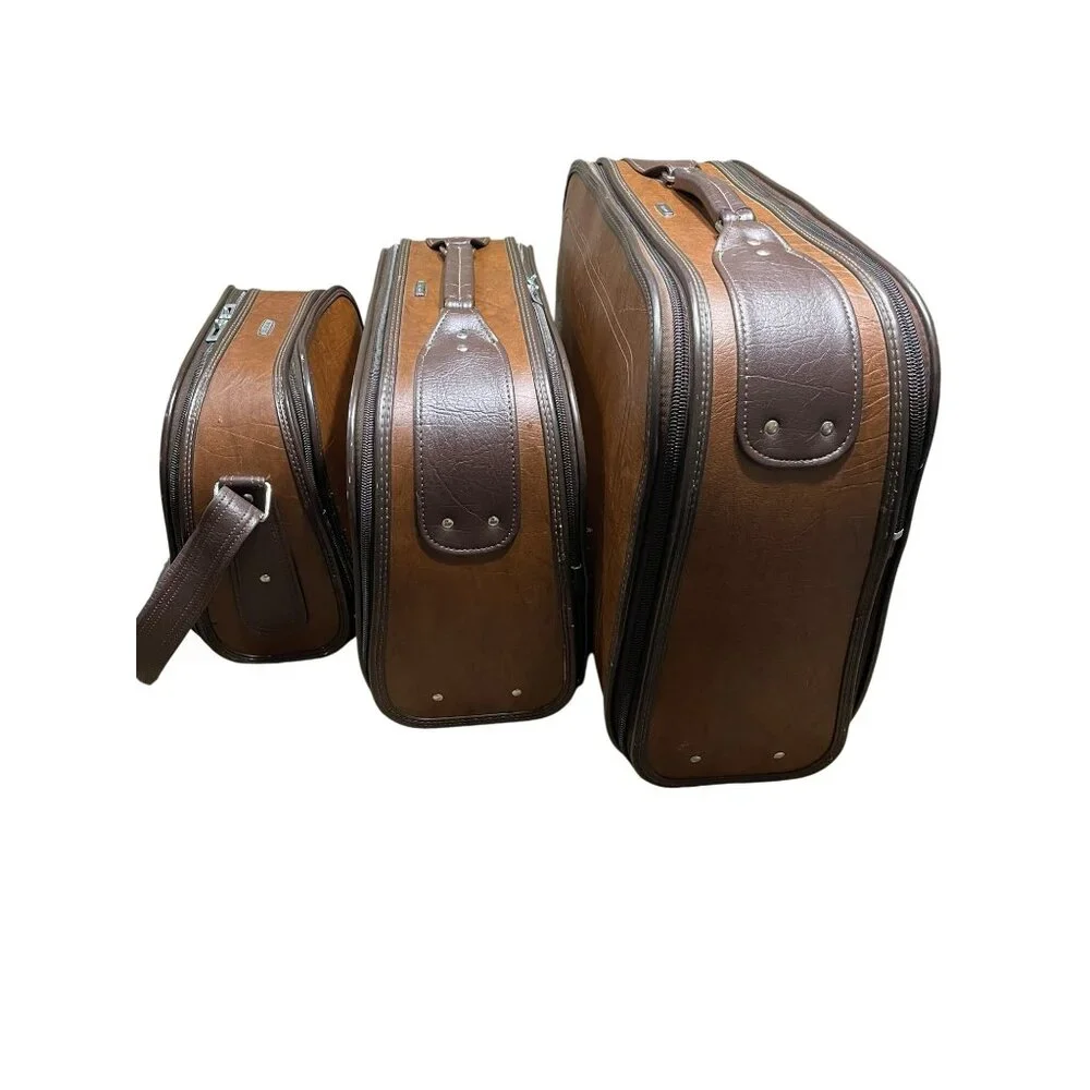 Vintage Samsonite Travel Bureau Brown Leather 3-Piece Luggage Set With Zipper Cl